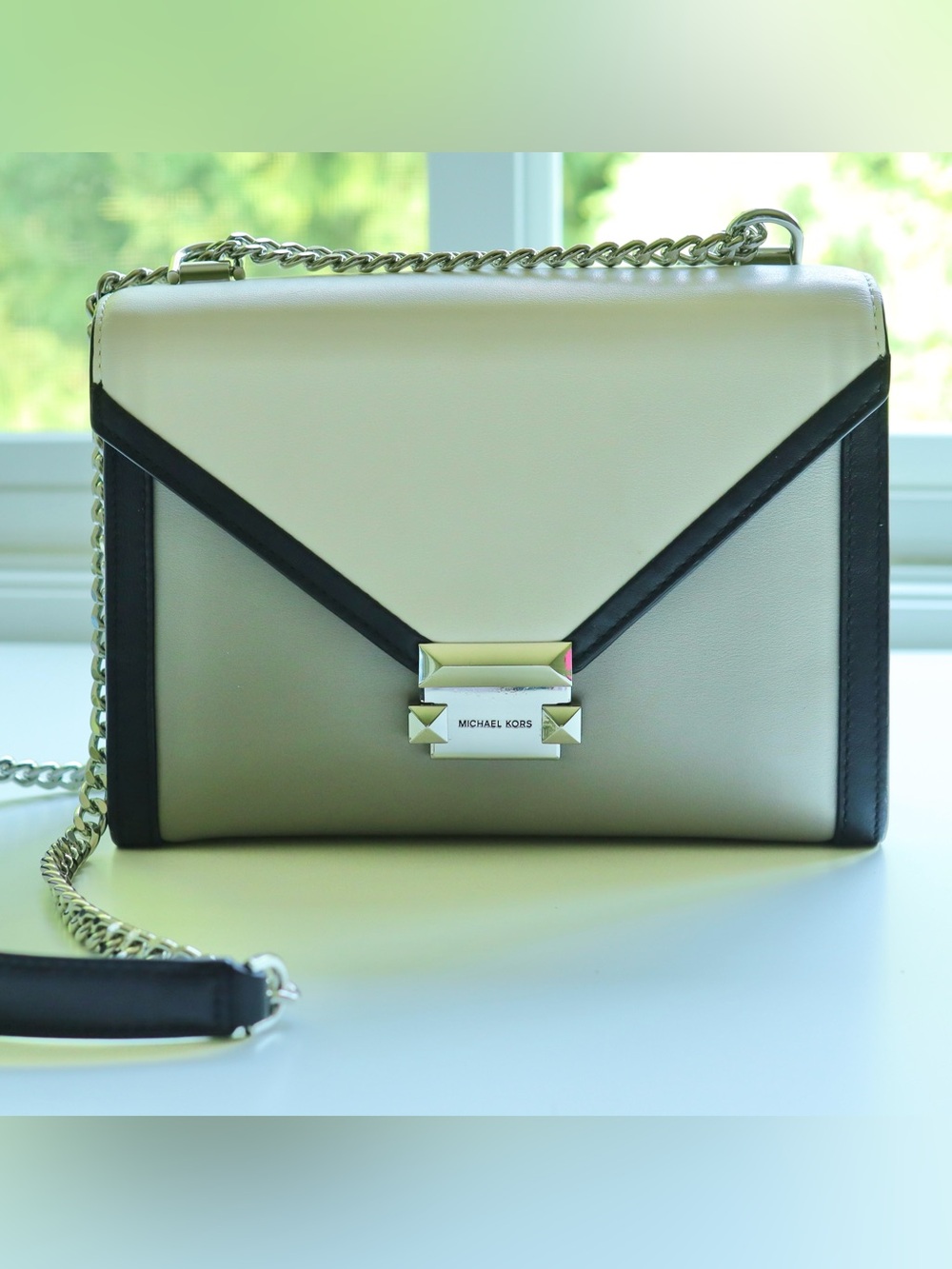 Michael Kors Cream and Black Leather Chain Crossbody Bag